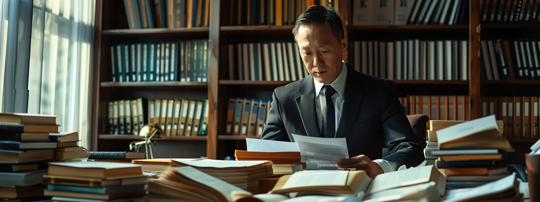 a well-dressed lawyer with a confident stance, surrounded by stacks of legal books and documents, carefully reviewing client testimonials and credentials in a modern office setting.