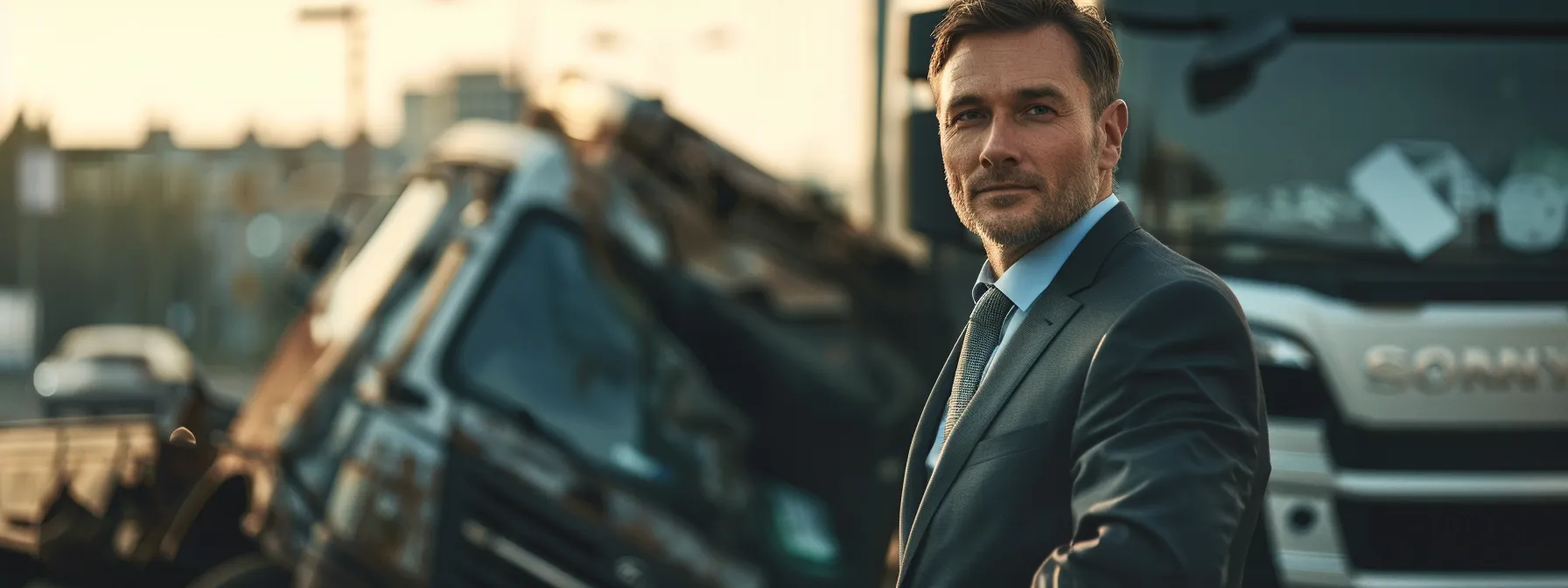 a specialized lawyer standing confidently in front of a overturned truck, representing the driver in a complex and challenging truck accident case.