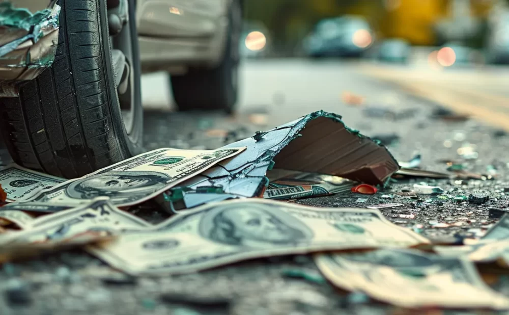 a broken car bumper lying on the pavement next to a pile of cash, signifying an accident settlement.