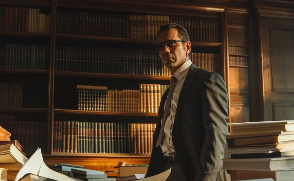 a confident accident defense lawyer standing in a courtroom, surrounded by stacks of legal documents and a shelf of law books, ready to fight for justice.