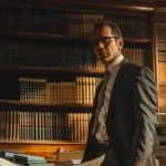 a confident accident defense lawyer standing in a courtroom, surrounded by stacks of legal documents and a shelf of law books, ready to fight for justice.