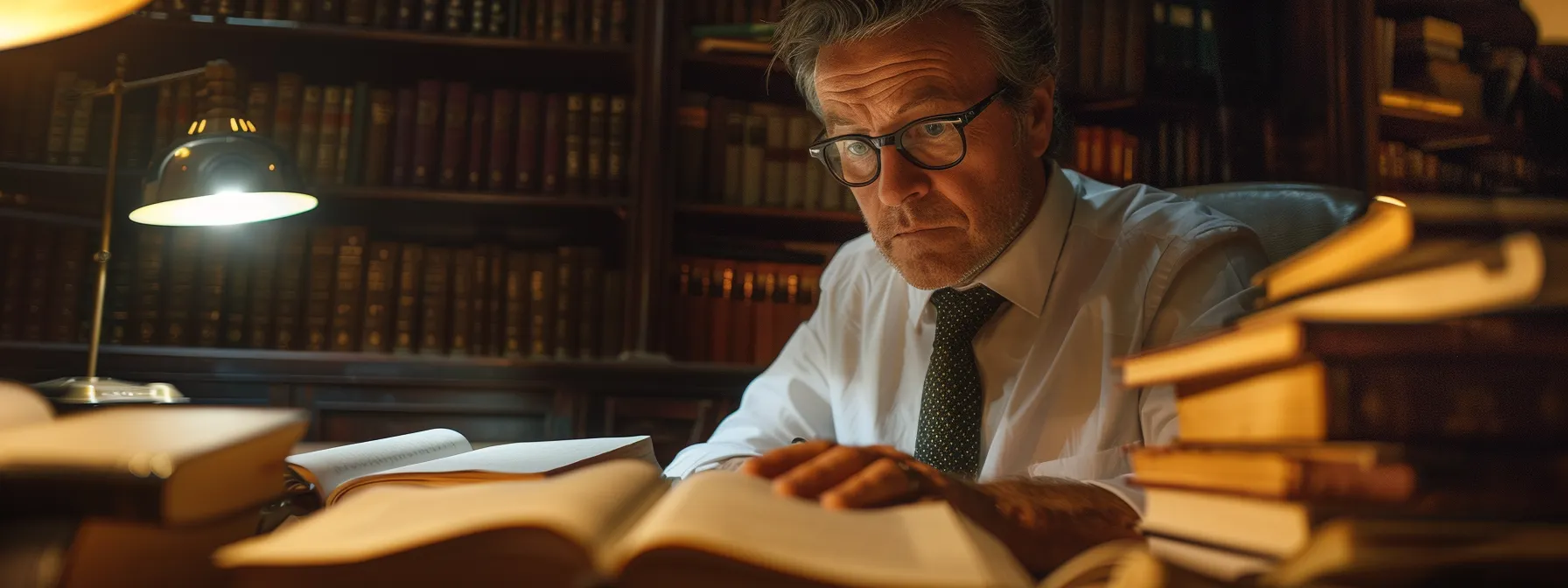 a focused lawyer reviewing osha regulations on a computer surrounded by legal books and files.