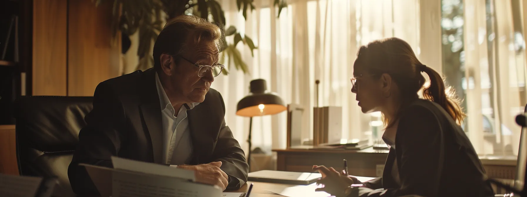 a confident client discussing payment structures and communication with a focused lawyer, surrounded by legal documents and a laptop.