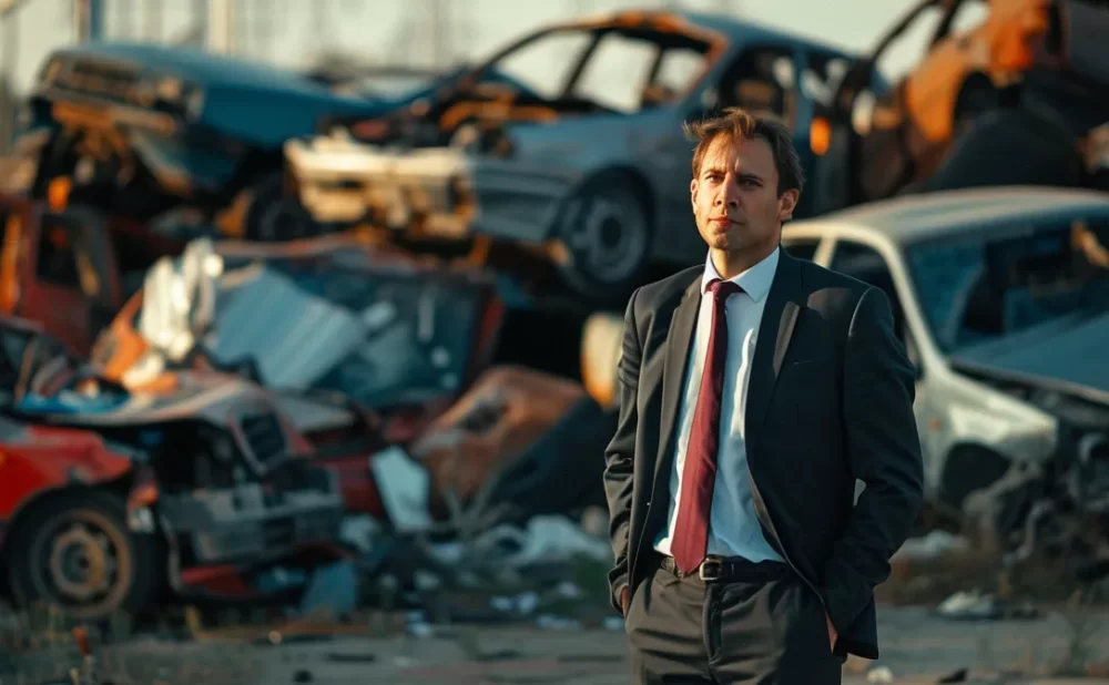 a determined crash lawyer standing confidently in front of a row of wrecked cars.