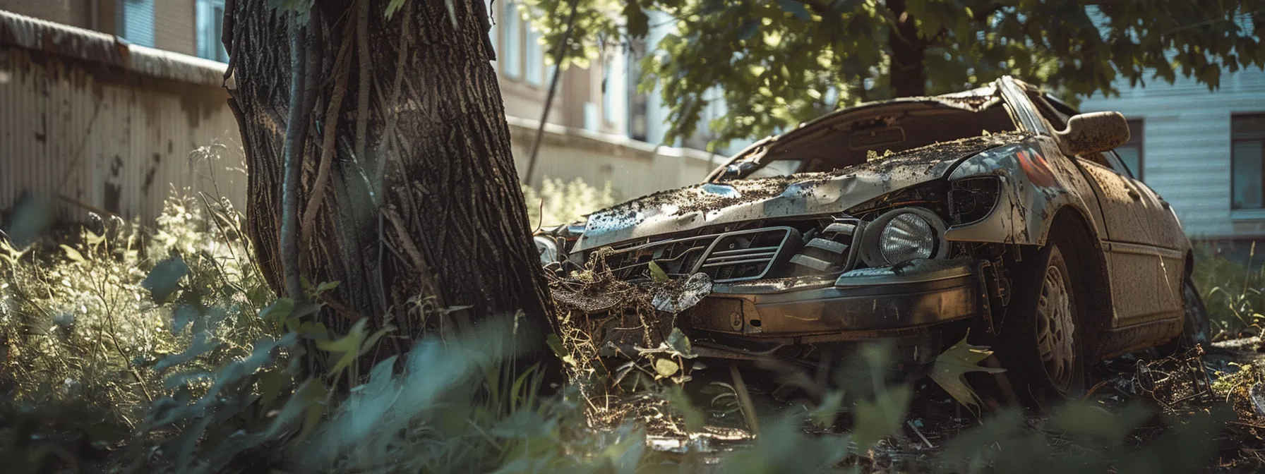 a crumpled car wrapped around a tree after a high-speed collision, highlighting the dangers of reckless driving.