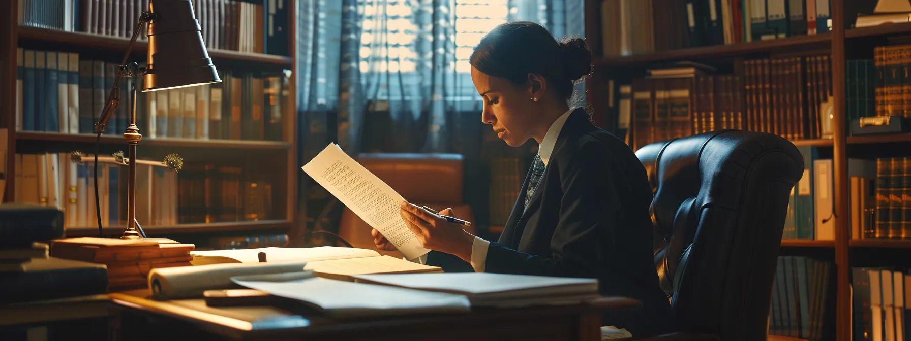 a focused attorney reviewing detailed legal documents in a well-organized office.