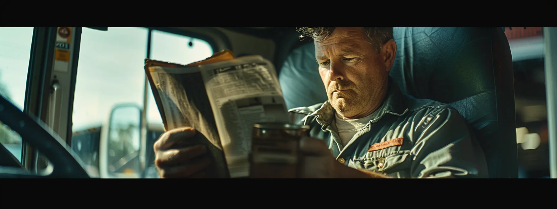 a truck driver reviewing a thick manual of federal trucking regulations with a stern expression and a cup of coffee in hand.