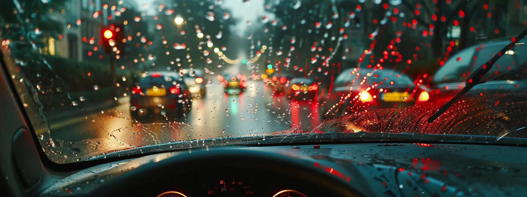 a driver confidently navigating through heavy rain while maintaining situational awareness and adhering to traffic laws to prevent accidents.