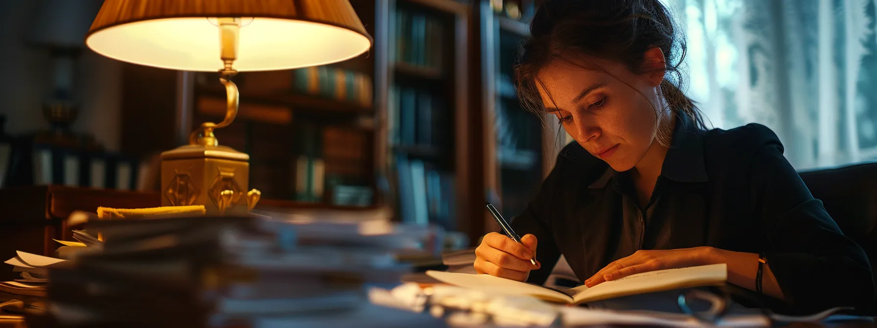 a person studying legal documents with a focused and determined expression, surrounded by a stack of law books and notes, symbolizing the effort required to understand auto accident defense law.