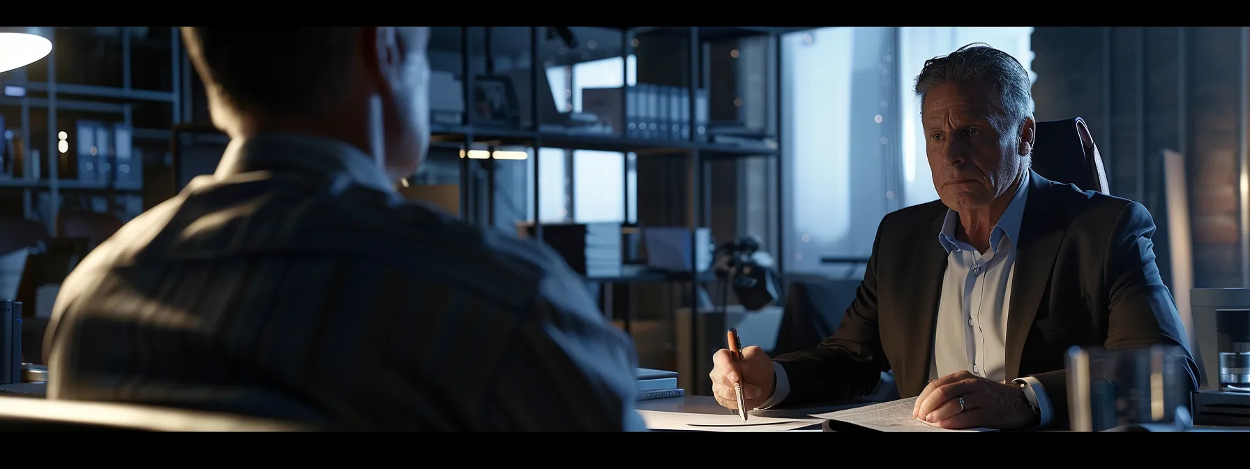 an accident attorney confidently advising a client with a determined expression, surrounded by legal documents and evidence markers in a modern office setting.