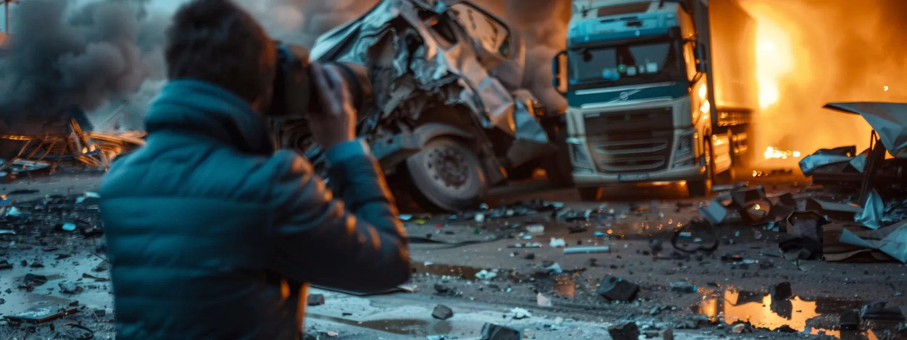 a person diligently photographing the aftermath of a truck accident scene to capture crucial evidence for a compensation claim.