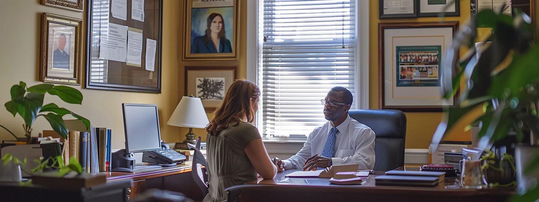 a local collision attorney in illinois consulting with a client in their office, surrounded by framed client testimonials and legal books.