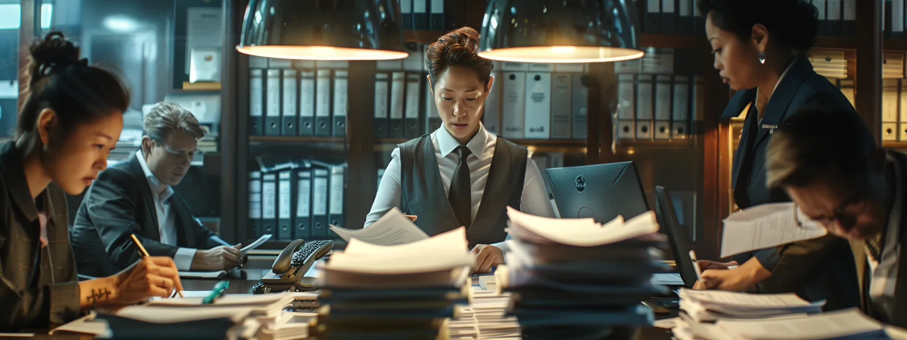 a person surrounded by a team of focused, determined lawyers, reviewing stacks of legal documents in a well-lit office.