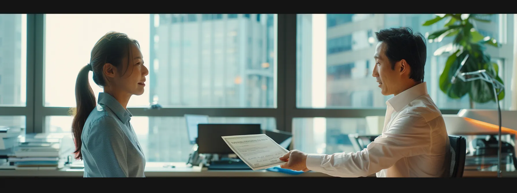 a person receiving a large settlement check from a lawyer in a bright, modern office setting.