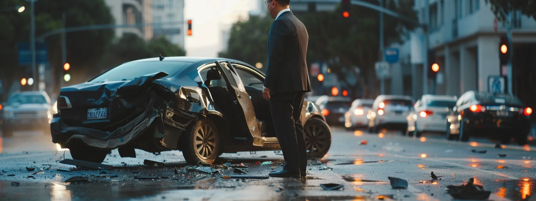 a skilled crash lawyer confidently guiding a client through a complex car accident case, ensuring rightful compensation.