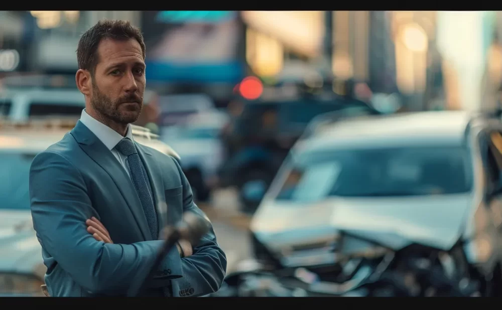 a determined collision attorney standing confidently in front of a row of damaged vehicles in a busy city intersection.