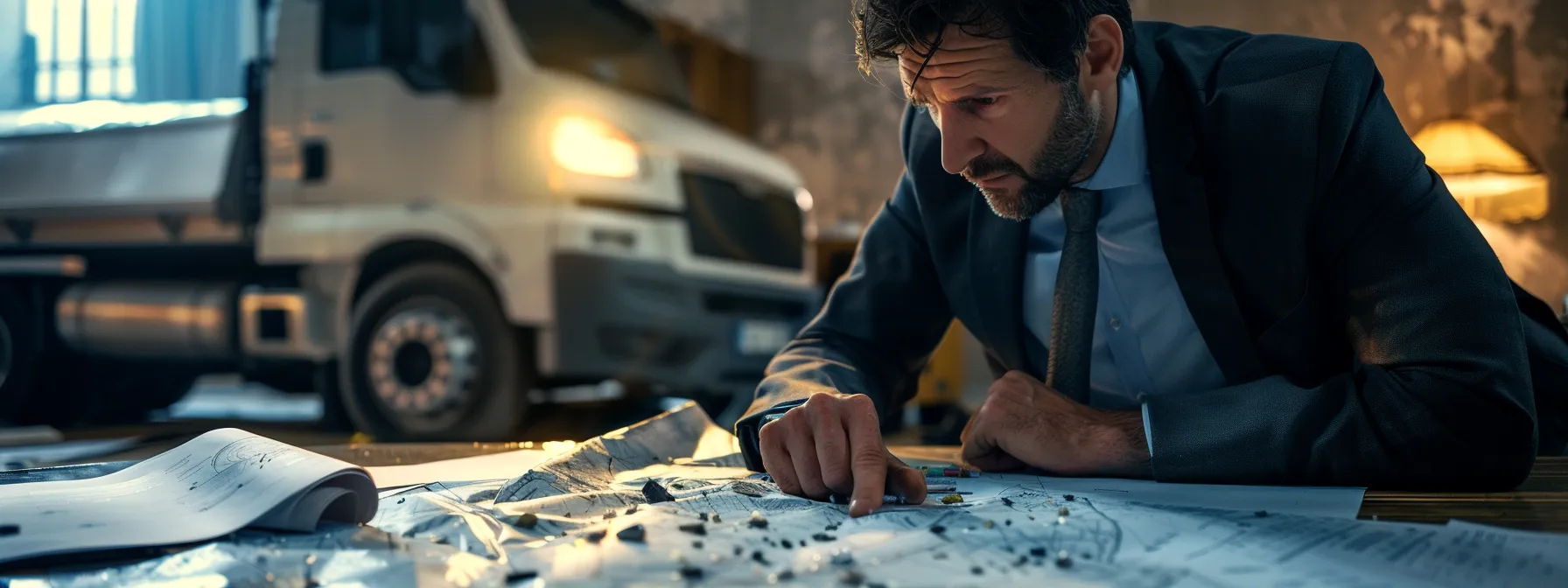 a focused commercial truck accident attorney meticulously examining evidence from a collision site, surrounded by legal documents and a map of the accident scene.