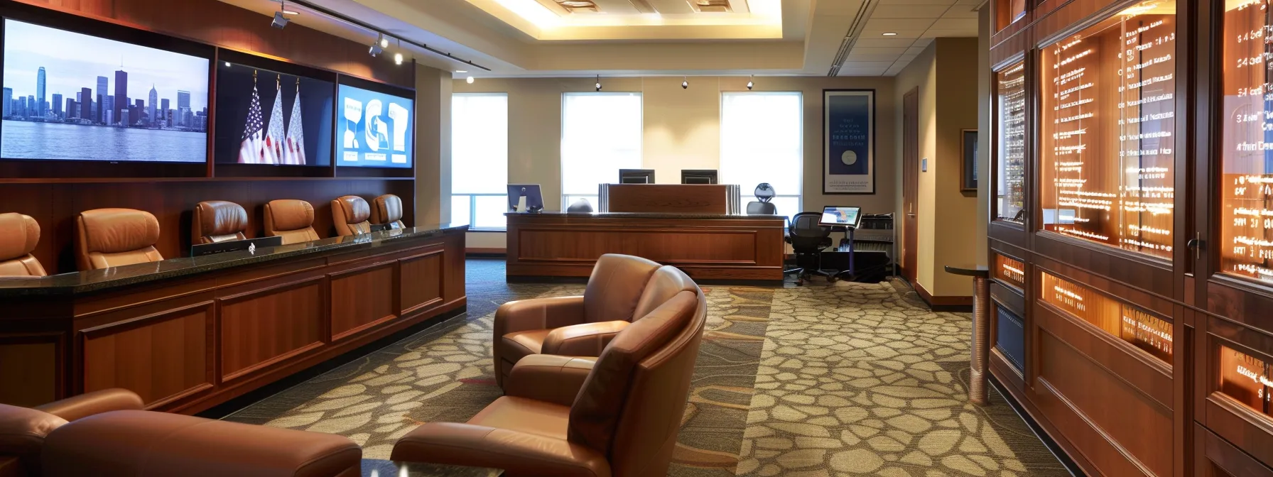 a sleek, modern law firm office with digital screens displaying personalized content for accident lawyer advertising.