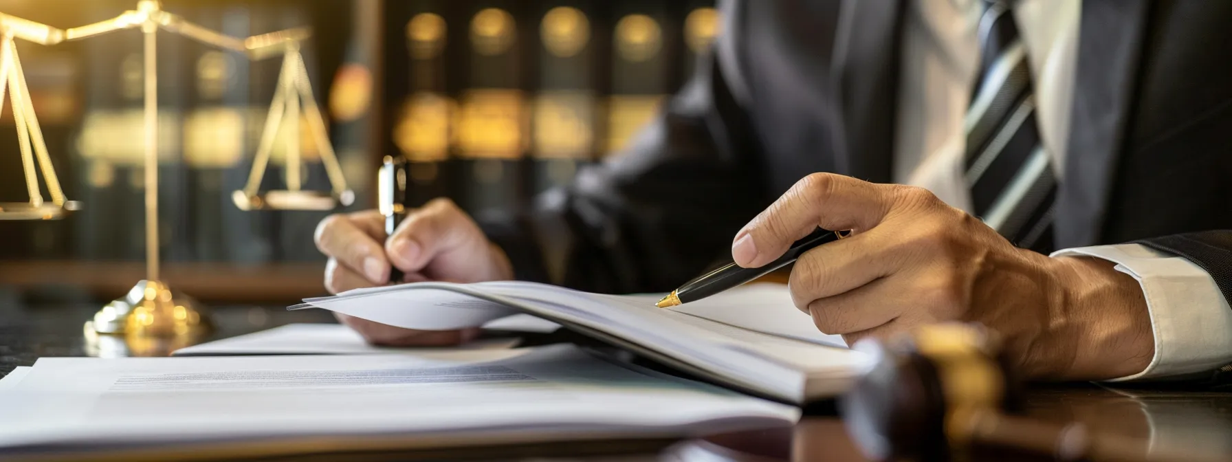 a focused and determined insurance lawyer in a conference room, holding a pen and reviewing legal documents with a look of confidence and expertise.