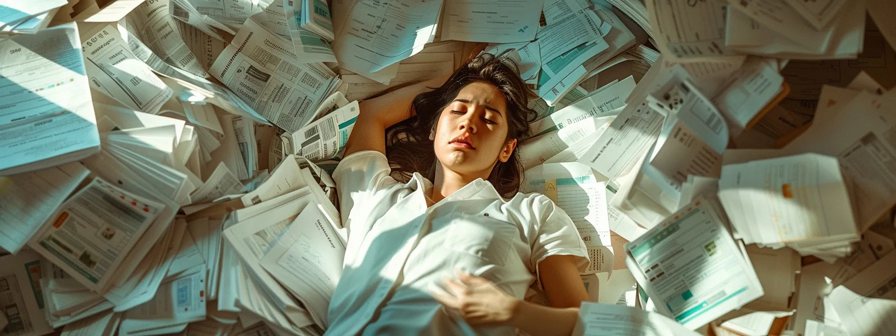 a person surrounded by piles of medical bills, pay stubs, and emotional distress notes, emphasizing the meticulous calculation needed to maximize compensation for passenger injuries.