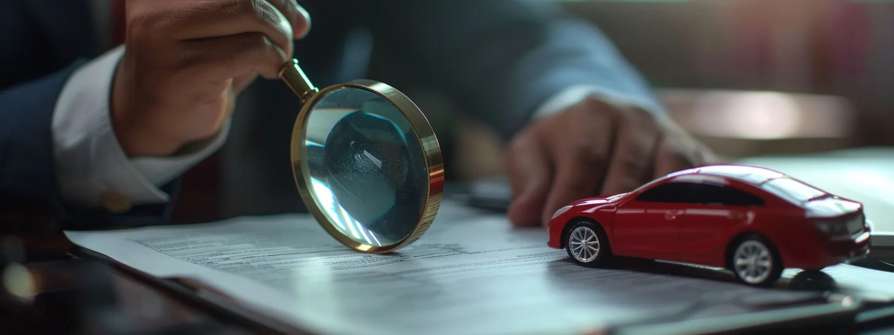 a focused lawyer holding a magnifying glass, examining a detailed car insurance policy on a desk.