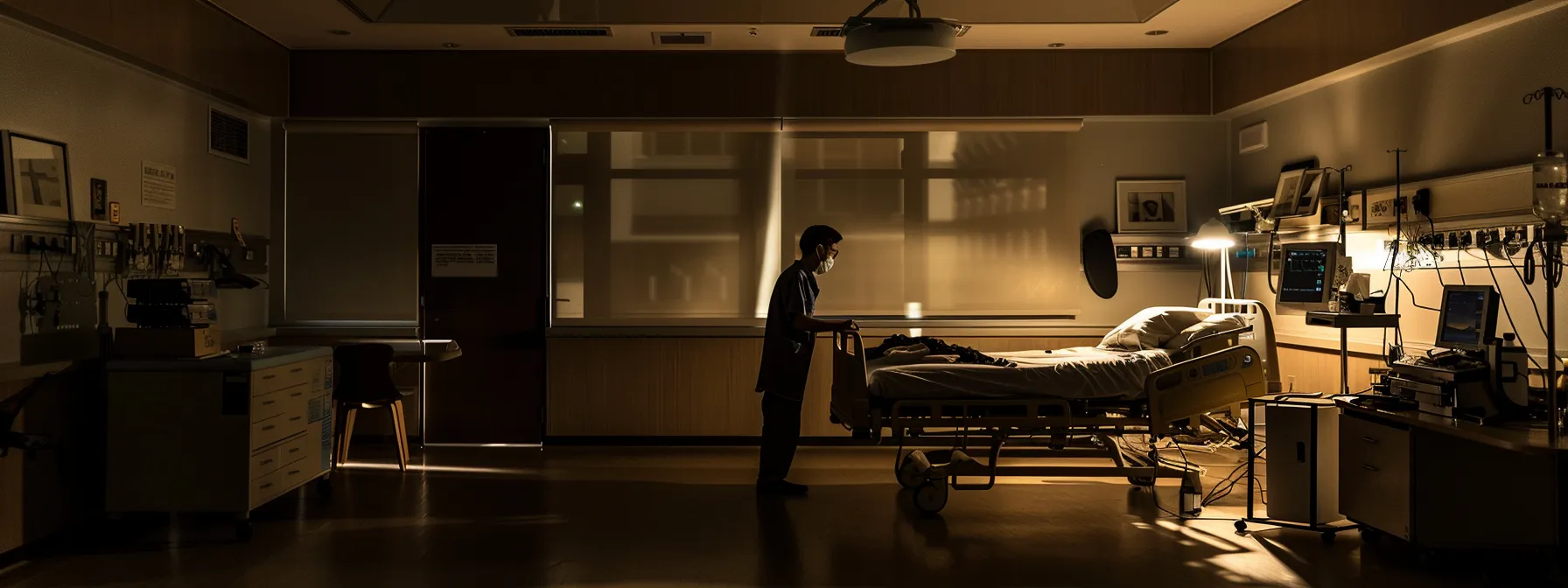 a dimly lit hospital room with a shadowy figure negotiating with a stern-faced insurance representative, symbolizing the prolonged process of settling car accident claims.