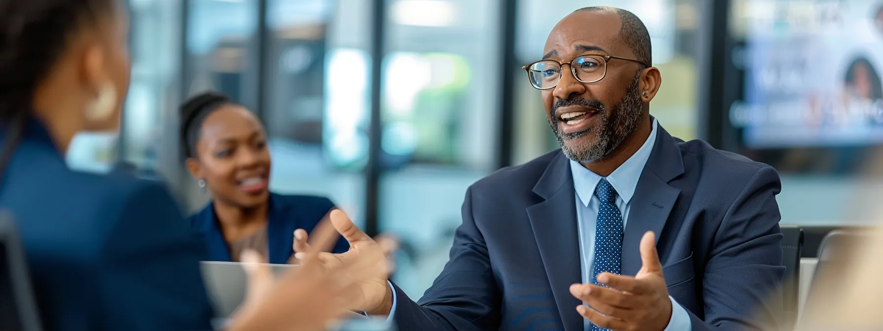 a lawyer passionately telling a story to a diverse group of clients in a modern office setting, engaging them with his words and gestures.