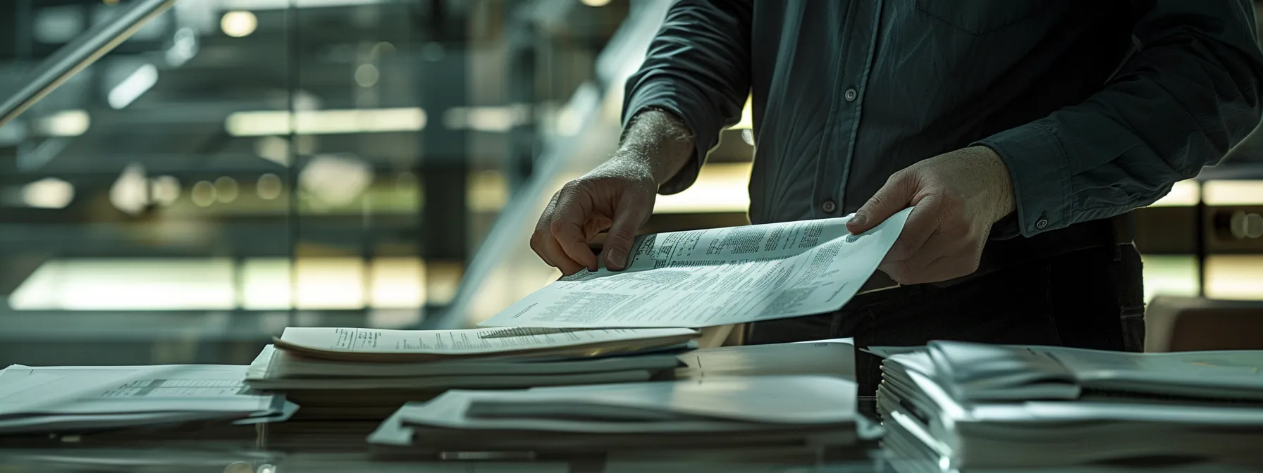 a person meticulously organizing legal documents and photos of a handrail, exuding a sense of determination and preparation for a legal consultation.