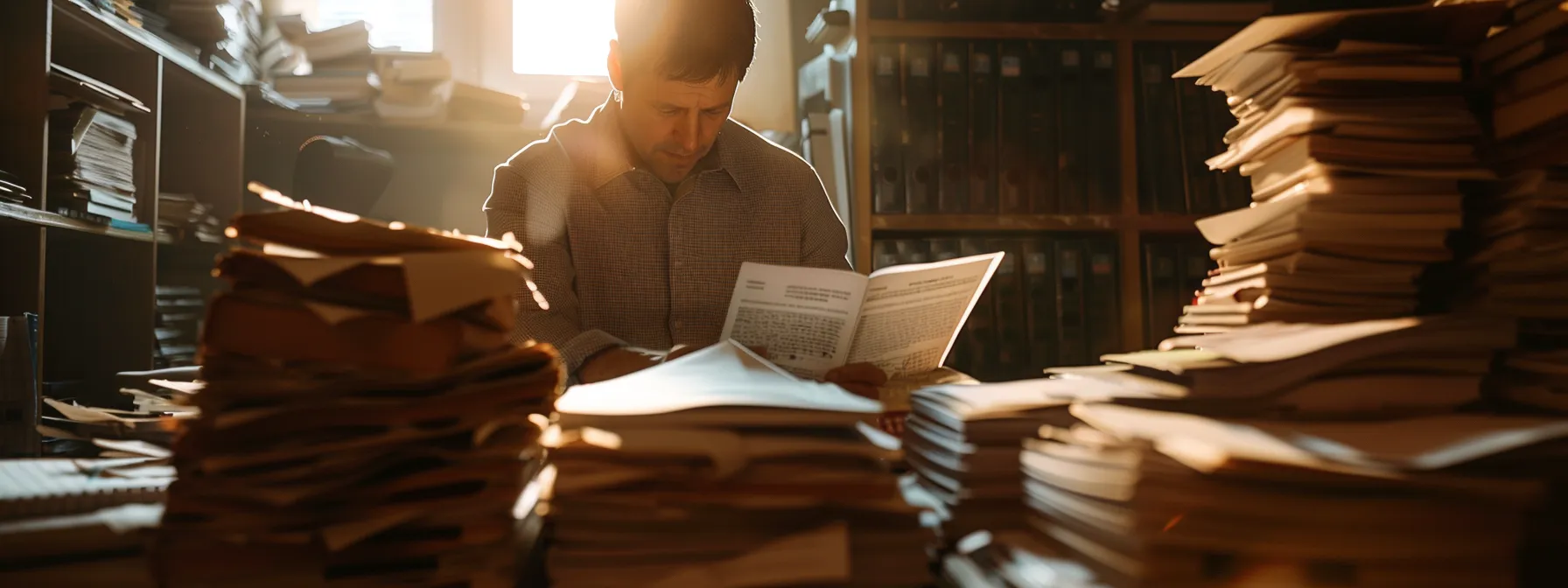 a focused individual carefully reviewing a list of top accident attorneys, surrounded by stacks of legal documents and success rate statistics.