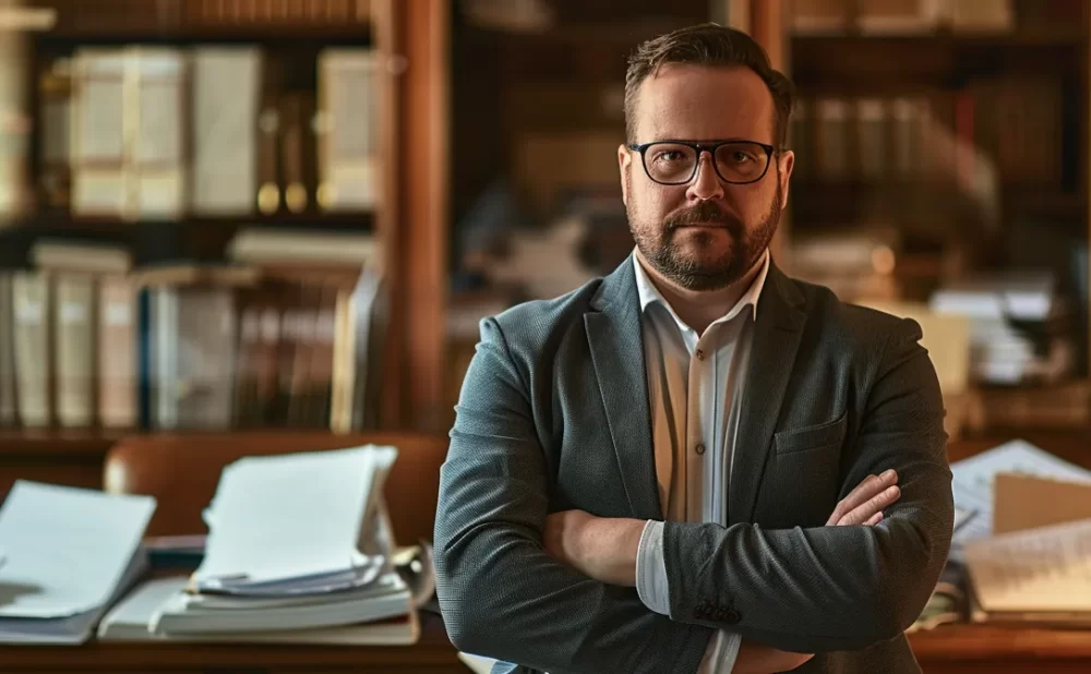 an insurance lawyer standing confidently in a courtroom, surrounded by stacks of documents and a serious expression on his face.