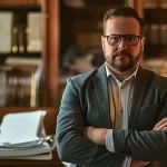 an insurance lawyer standing confidently in a courtroom, surrounded by stacks of documents and a serious expression on his face.