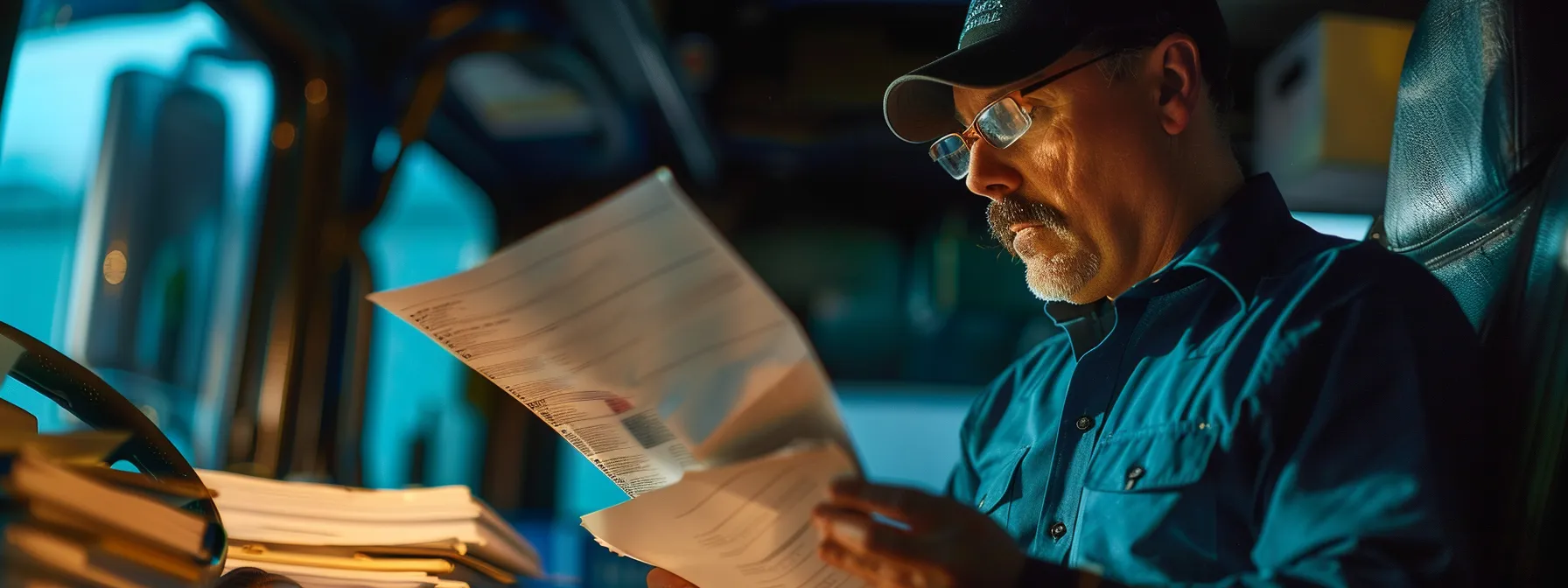 a truck driver carefully reviewing a detailed highway patrol report, surrounded by stacks of legal documents and insurance paperwork, highlighting the complex legal challenges faced after accidents.