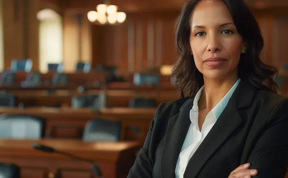 a focused personal injury attorney confidently stands in a courtroom, ready to fight for justice.