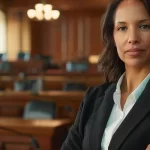 a focused personal injury attorney confidently stands in a courtroom, ready to fight for justice.