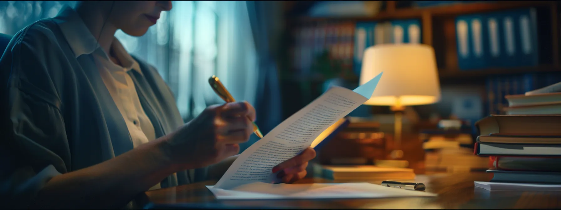 a person carefully reviewing legal documents with a lawyer in a well-lit office.