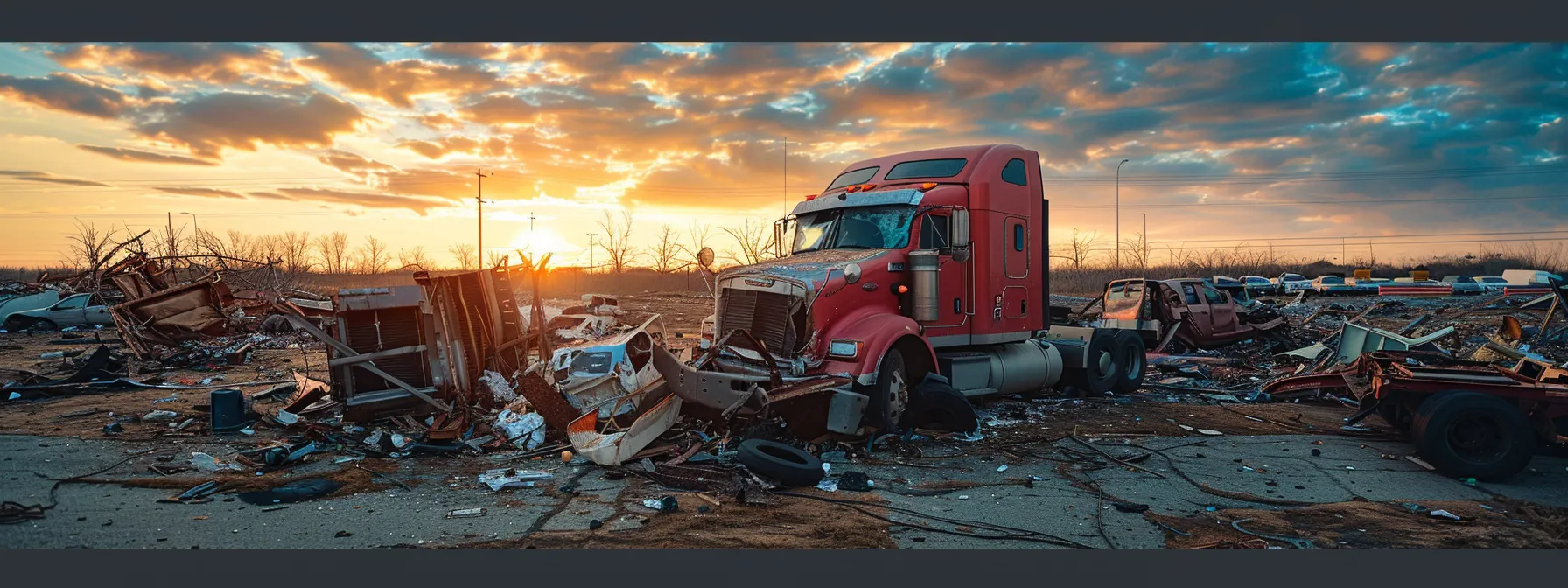 a photo of a damaged commercial truck surrounded by debris on a highway at sunset, highlighting the aftermath of a serious truck wreck.