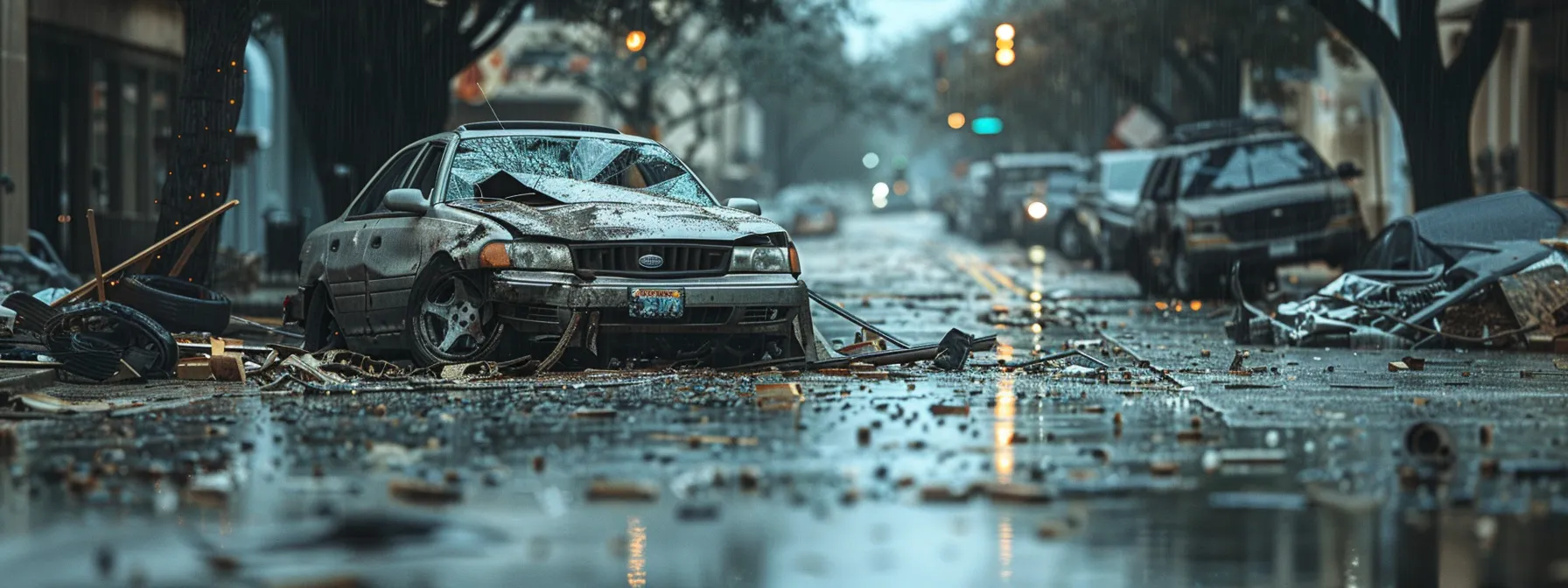 a camera captures a detailed shot of a damaged car surrounded by debris on a rainy san antonio street.