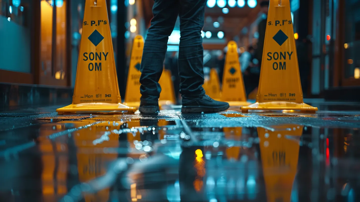 a concerned individual stands on a wet floor, surrounded by caution signs, as they engage in documenting their slip and fall incident in a well-lit indoor setting, emphasizing the importance of securing legal rights.