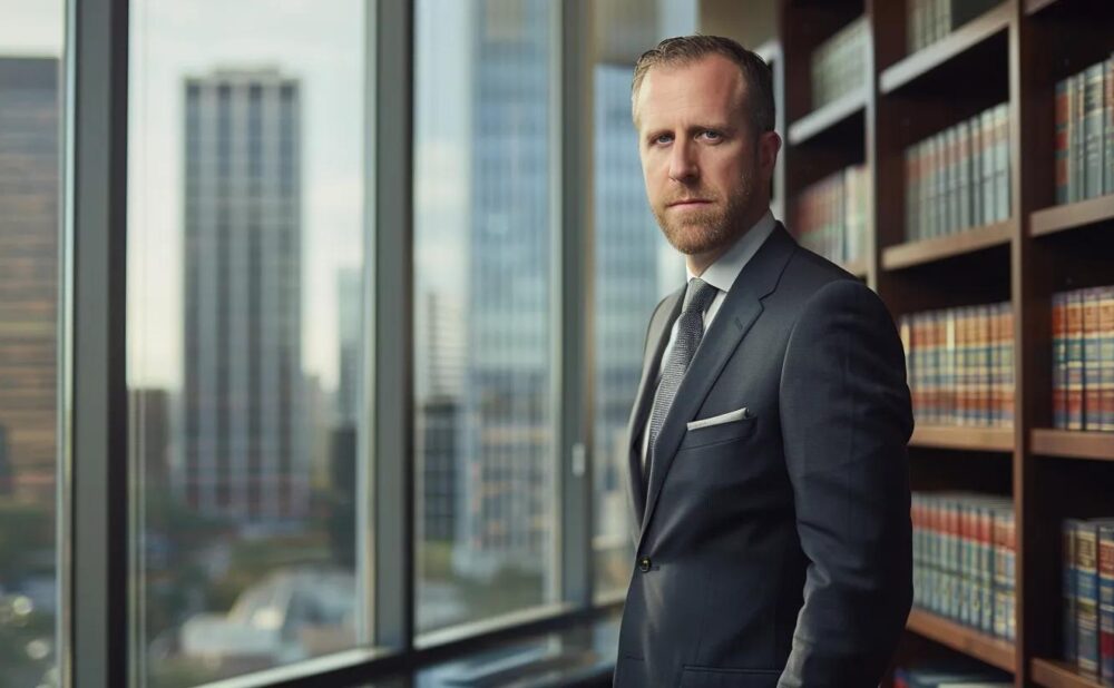 a confident accident defense lawyer stands in a sleek, modern office, exuding professionalism and trust against a backdrop of law books and a city skyline through large windows, illuminated by soft, natural light.