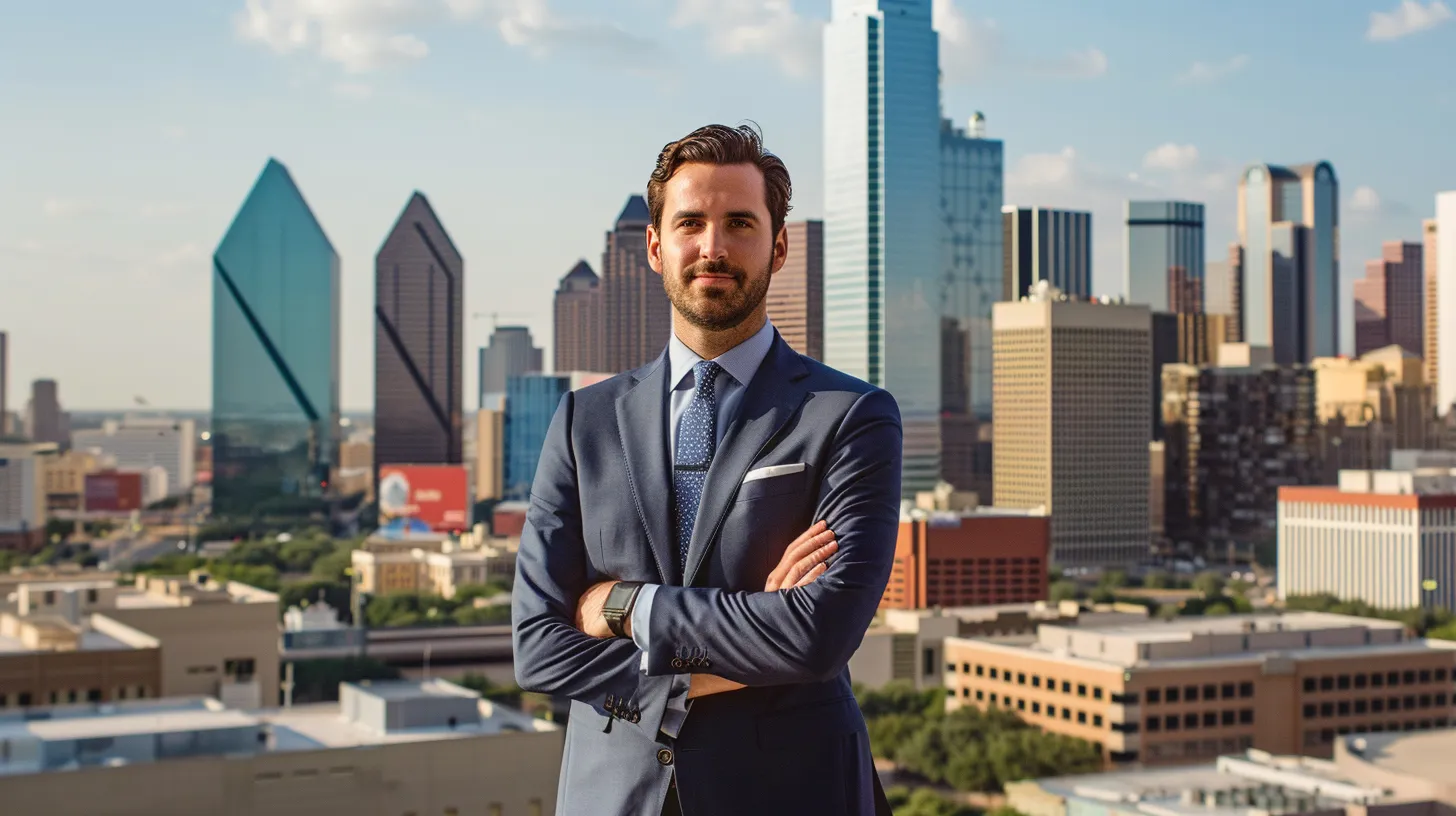 a confident car crash lawyer stands in front of a modern dallas skyline, exuding professionalism and compassion, with his office clearly visible in the background, showcasing a commitment to supporting clients through complex legal challenges.