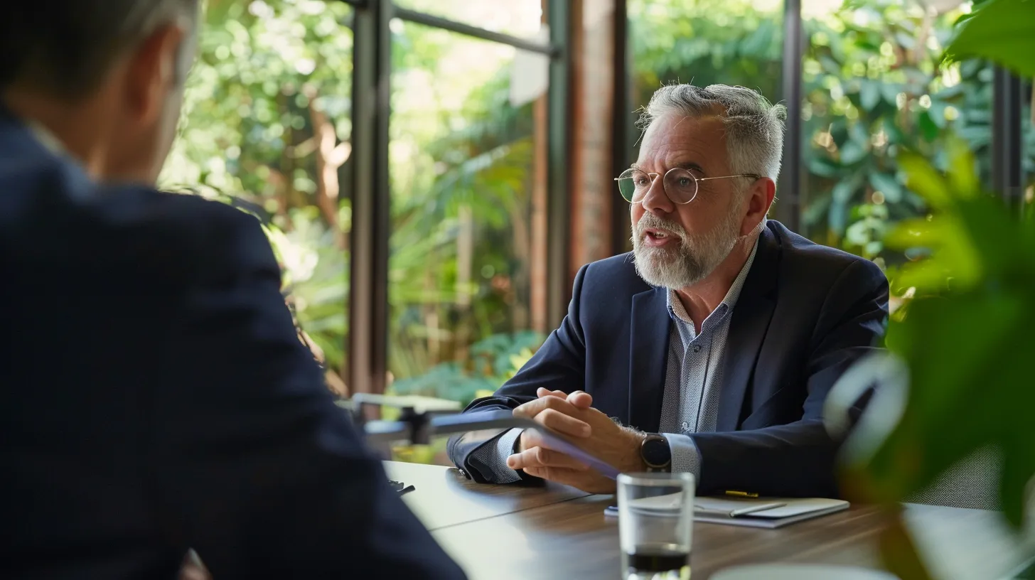 a confident attorney sits across a sleek conference table, engaging attentively with a client in a modern office, surrounded by lush greenery and warm, inviting lighting that emphasizes a sense of trust and support.