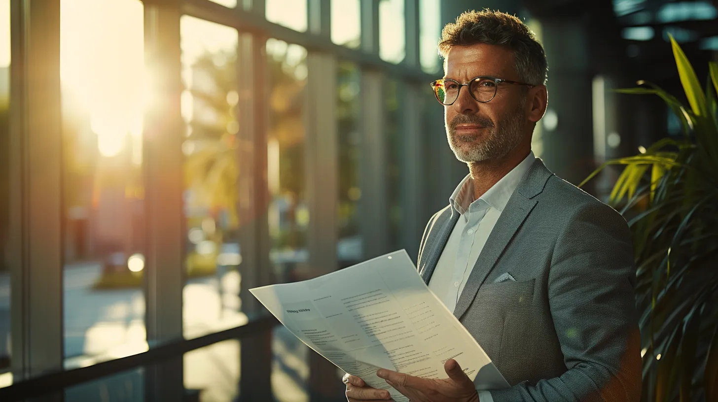 a confident attorney stands in a sunlit office, reviewing complex legal documents, symbolizing the support and expertise needed to successfully navigate slip and fall cases.