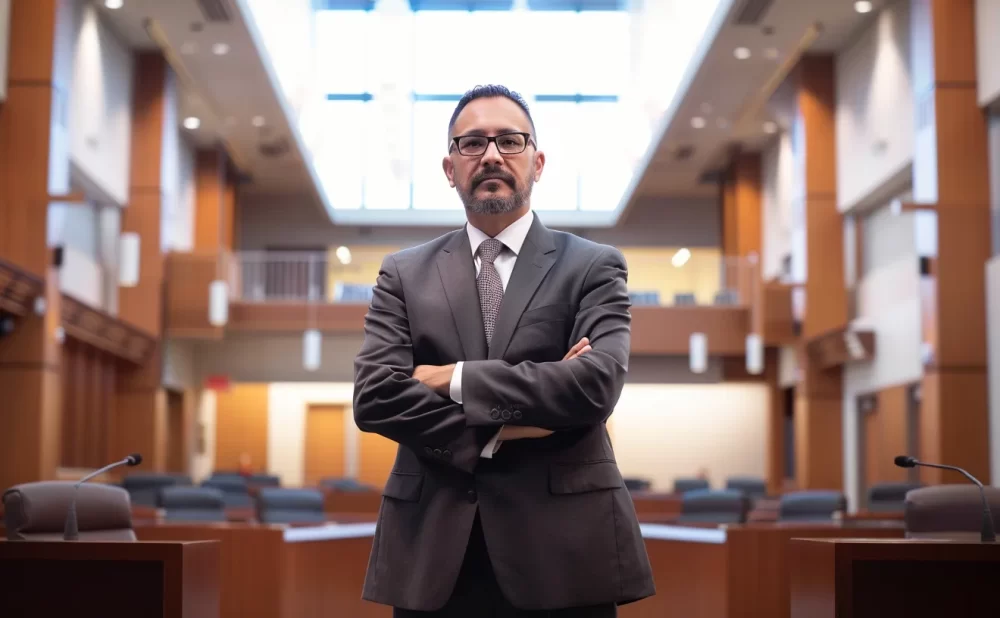 a confident attorney stands in front of a sleek, modern courtroom, illuminated by dramatic overhead lighting, embodying expertise and readiness to champion car accident victims in dallas, texas.