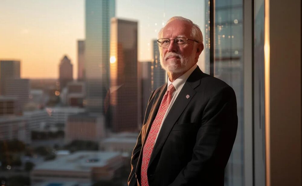 a confident attorney stands in a sleek, modern dallas office, illuminated by natural light, exuding professionalism and compassion while gazing thoughtfully out of a panoramic window that showcases the city skyline.