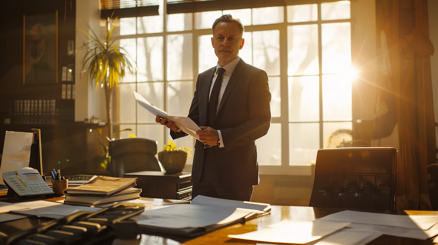 a confident attorney stands in a sunlit office, reviewing a strategic negotiation plan for motorcycle accident settlements, surrounded by files and documents that highlight the complexities of personal injury claims.