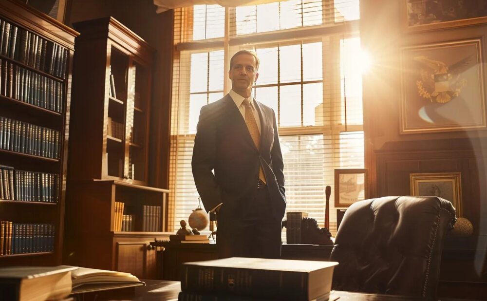 a confident attorney stands tall in an elegant office, surrounded by law books and framed accolades, with warm, natural light streaming through large windows, symbolizing strength and advocacy for clients in the face of adversity.