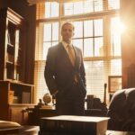 a confident attorney stands tall in an elegant office, surrounded by law books and framed accolades, with warm, natural light streaming through large windows, symbolizing strength and advocacy for clients in the face of adversity.