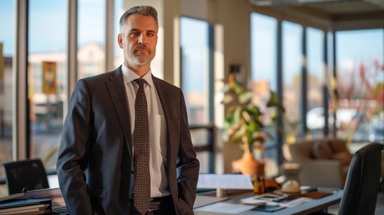 a confident auto accident lawyer stands in an elegantly appointed office, exuding professionalism as they review case files, with warm natural light streaming through large windows, symbolizing clarity and assurance in navigating the complexities of traffic accident claims.