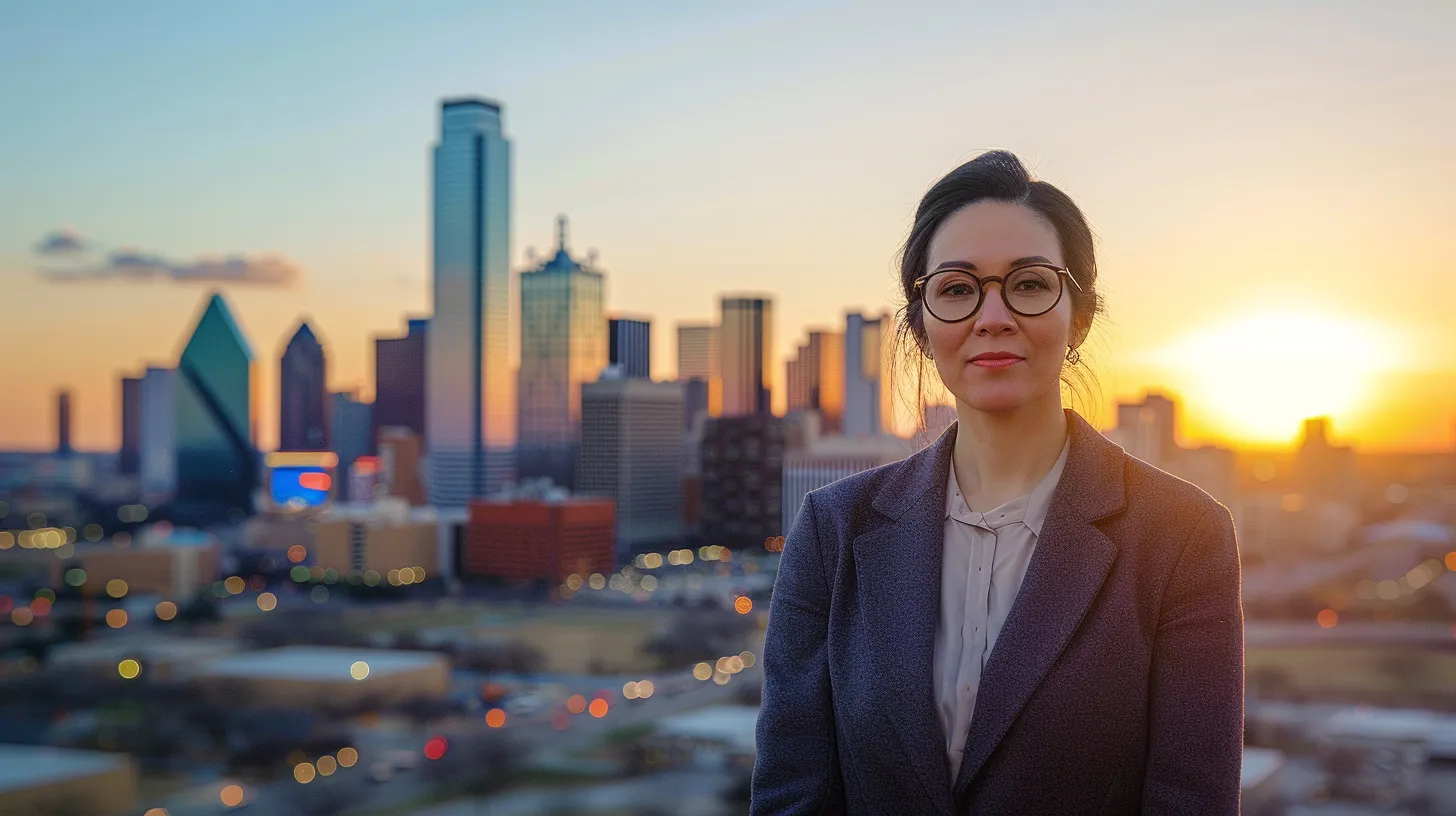 a confident car accident attorney stands in front of the dallas skyline at sunset, radiating professionalism and compassion as they prepare to advocate for victims navigating the complexities of legal claims.