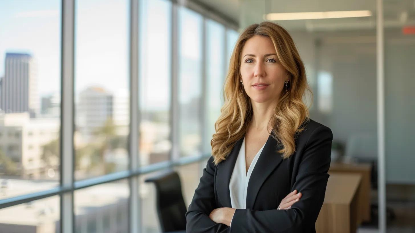 a confident car accident lawyer, standing inside a modern office with large windows allowing natural light to illuminate a well-organized workspace, conveys professionalism and expertise as they consult with a client about securing rightful compensation in a serene environment.